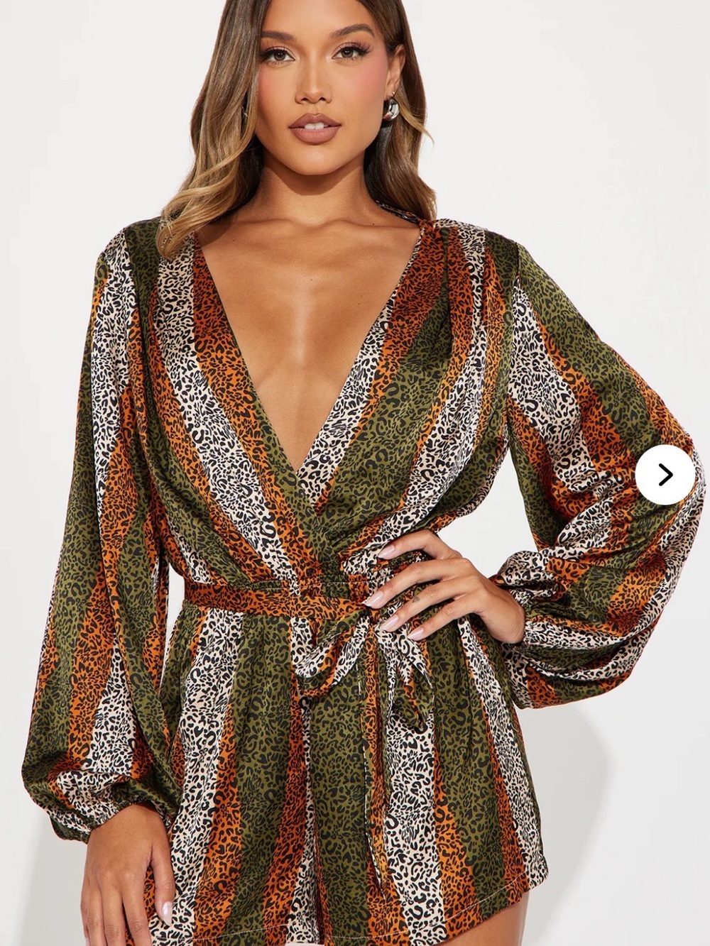 Fashion Nova Olive & Rust Striped Leopard Print Romper